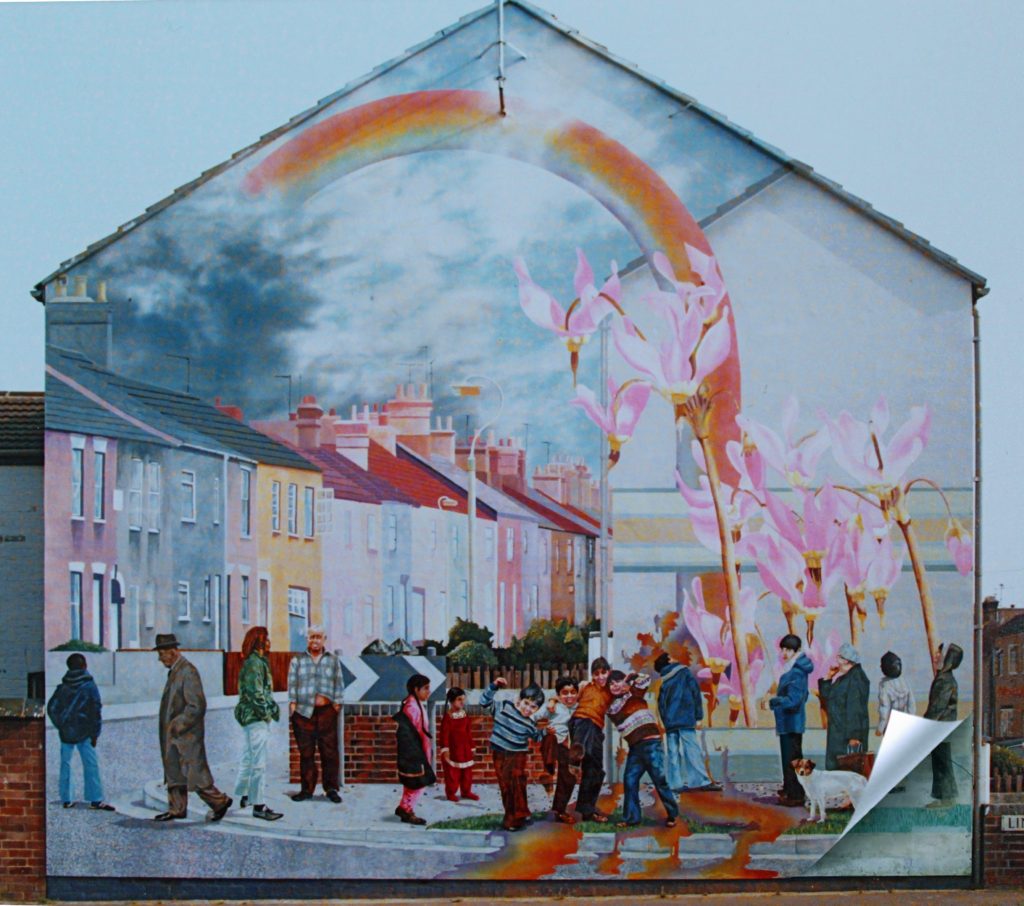 An artist's impression of the completed Link Road Mural. The mural is of a busy street scene in Millfield.